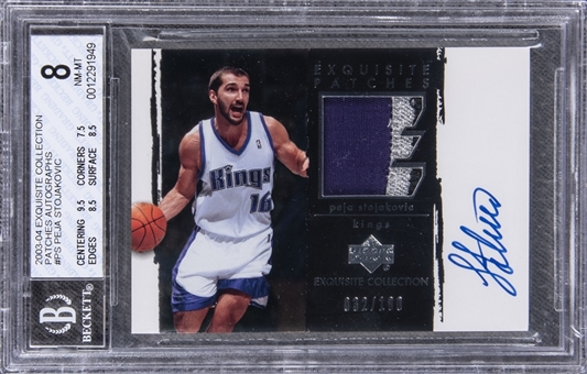 2003-04 UD "Exquisite Collection" Patches Autographs #PS Peja Stojakovic Signed Game Used Patch Card (#039/100) - BGS NM-MT 8/BGS 10